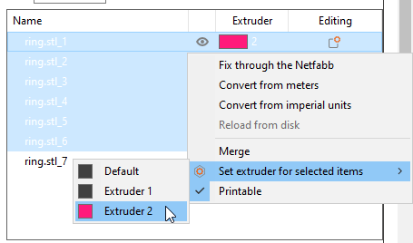 PrusaSlicer parts list with multiple items selected. Context menu is open to the Change Extruder option with Extruder 2 highlighted
